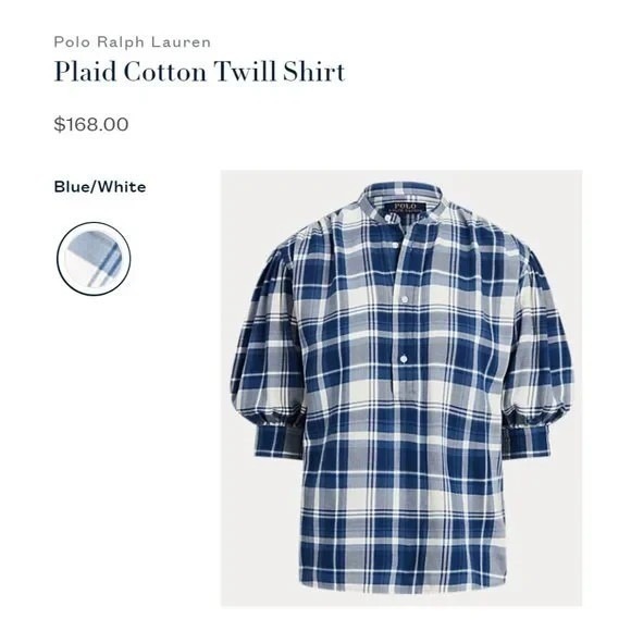 POLO RALPH LAUREN Dian Blue/White Plaid Women's Medium 3/4 Puff Sleeves Shirt - Picture 9 of 16